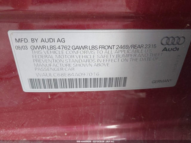 Продажа на аукционе авто 2004 Audi A4 1.8t, vin: WAULC68E84A097016, номер лота: 44489059