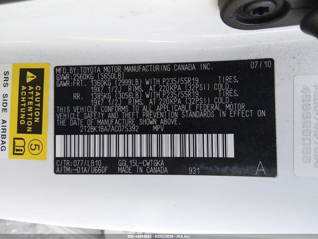 Aukcja sprzedaży 2010 Lexus Rx 350, vin: 2T2BK1BA7AC075392, numer aukcji: 44489063