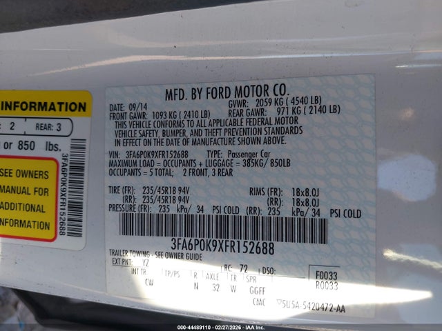 3FA6P0K9XFR152688 Ford Fusion Titanium
