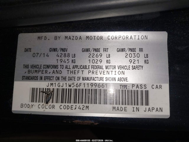 44489105 :رقم المزاد ، JM1GJ1W56F1199661 vin ، 2015 Mazda Mazda6 I Grand Touring مزاد بيع