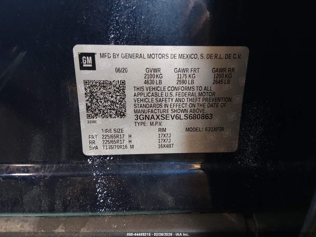 44489215 :رقم المزاد ، 3GNAXSEV6LS680863 vin ، 2020 Chevrolet Equinox Awd Ls مزاد بيع