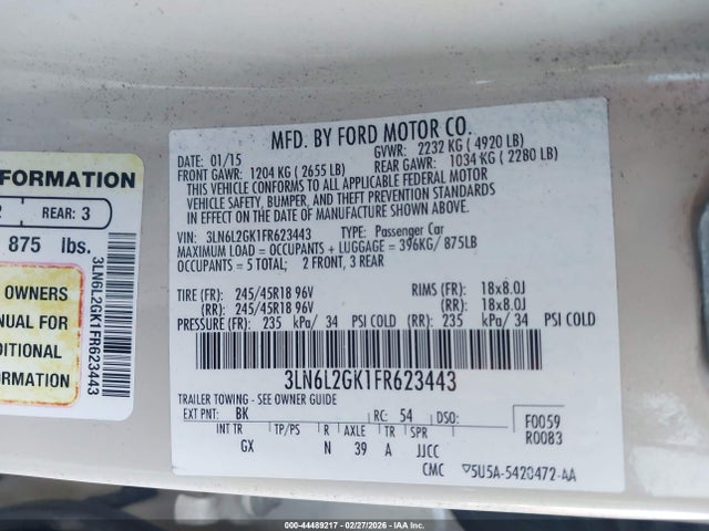 3LN6L2GK1FR623443 Lincoln MKZ