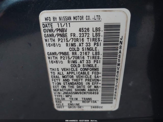 44489233 :رقم المزاد ، JN8AS5MV6CW706459 vin ، 2012 Nissan Rogue S مزاد بيع