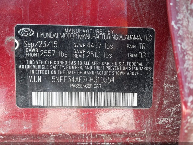 44489238 :رقم المزاد ، 5NPE34AF7GH310554 vin ، 2016 Hyundai Sonata Limited مزاد بيع