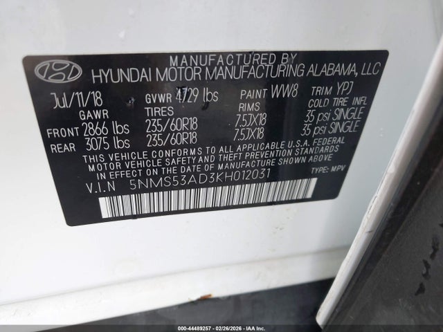 5NMS53AD3KH012031 Hyundai Santa Fe Limited