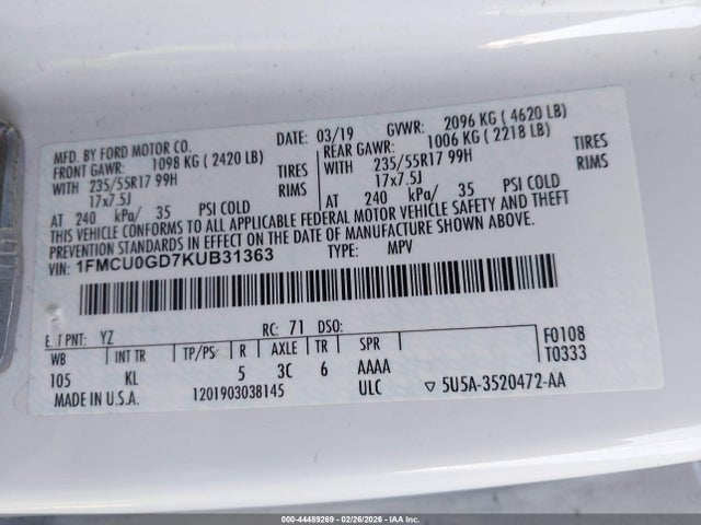 Ford ESCAPE SE 2019 1FMCU0GD7KUB31363 Image 9