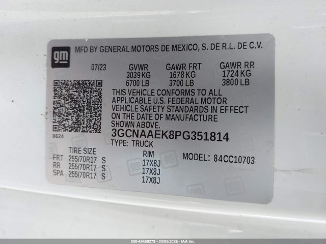 Продаж на аукціоні авто 2023 Chevrolet Silverado 1500 2wd  Standard Bed Wt, vin: 3GCNAAEK8PG351814, номер лоту: 44489279
