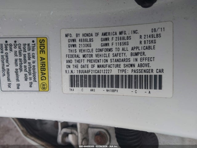 44489309 :رقم المزاد ، 19UUA8F21CA012227 vin ، 2012 Acura Tl 3.5 مزاد بيع