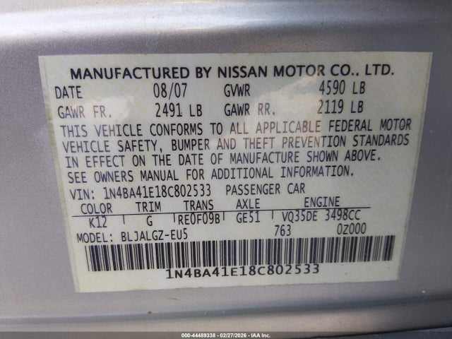 Продажа на аукционе авто 2008 Nissan Maxima 3.5 Sl, vin: 1N4BA41E18C802533, номер лота: 44489338