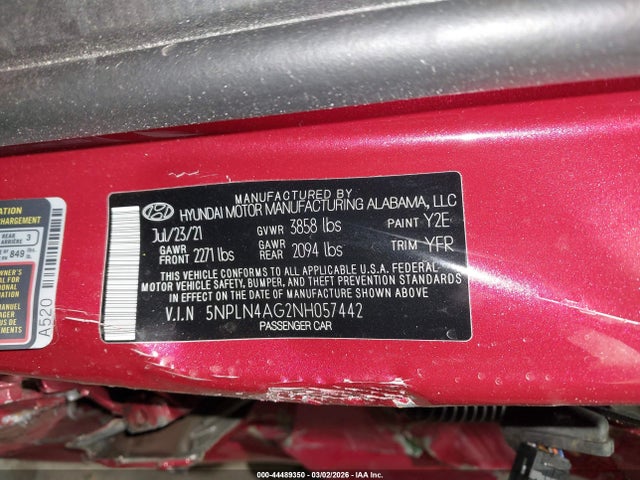 44489350 :رقم المزاد ، 5NPLN4AG2NH057442 vin ، 2022 Hyundai Elantra Sel مزاد بيع