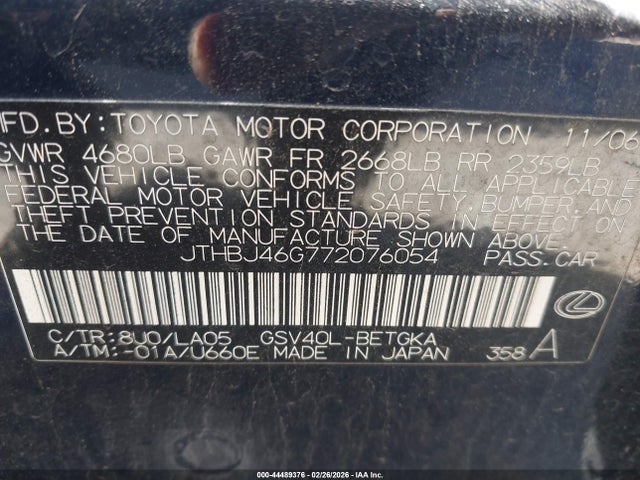 44489376 :رقم المزاد ، JTHBJ46G772076054 vin ، 2007 Lexus Es 350 مزاد بيع