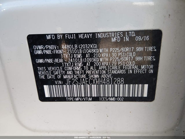 2017 Subaru Forester 2.5i Premium მანქანა იყიდება აუქციონზე, vin: JF2SJAECXHH481288, აუქციონის ნომერი: 44489377
