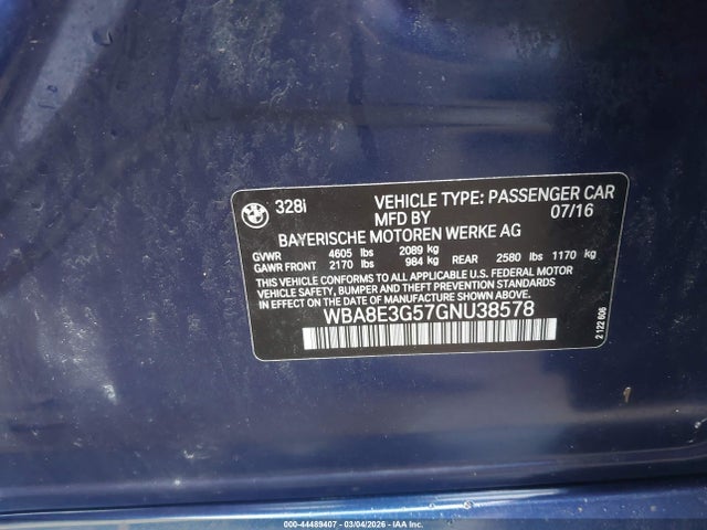 Продажа на аукционе авто 2016 Bmw 328i Xdrive, vin: WBA8E3G57GNU38578, номер лота: 44489407
