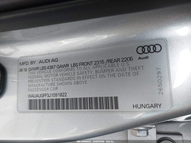 Продаж на аукціоні авто 2018 Audi A3 2.0t Premium/2.0t Tech Premium, vin: WAUAUGFF3J1091822, номер лоту: 44489422