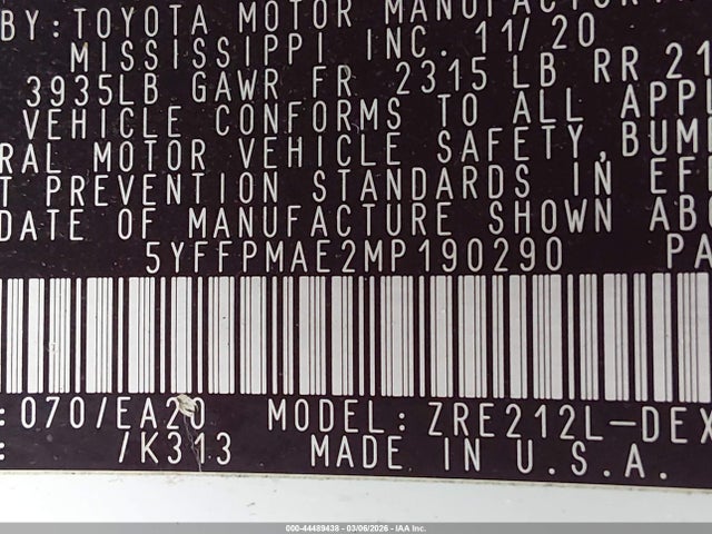 Продажа на аукционе авто 2021 Toyota Corolla Xle, vin: 5YFFPMAE2MP190290, номер лота: 44489438