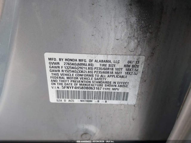 Продаж на аукціоні авто 2013 Honda Pilot Ex-l, vin: 5FNYF4H58DB063167, номер лоту: 44489452