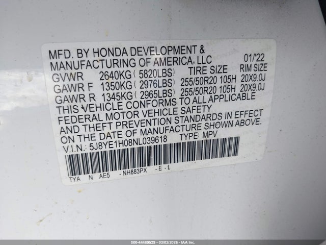 44489529 :رقم المزاد ، 5J8YE1H08NL039618 vin ، 2022 Acura Mdx A-spec Package مزاد بيع