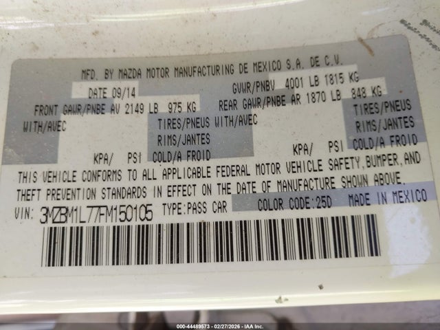 3MZBM1L77FM150105 Mazda Mazda3 I Touring