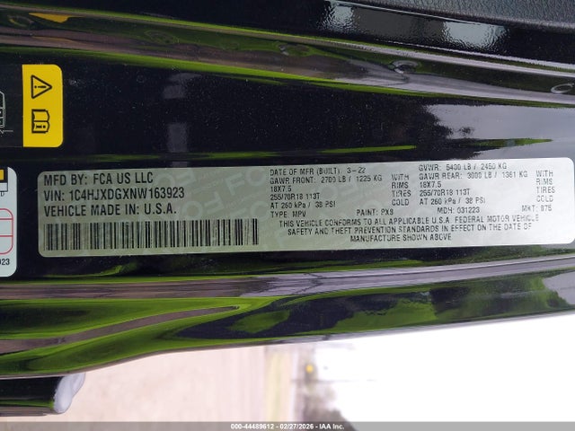 44489612 :رقم المزاد ، 1C4HJXDGXNW163923 vin ، 2022 Jeep Wrangler Unlimited Sport Altitude 4x4 مزاد بيع