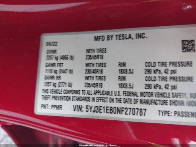 Продаж на аукціоні авто 2022 Tesla Model 3 Long Range Dual Motor All-wheel Drive, vin: 5YJ3E1EB0NF270787, номер лоту: 44489665