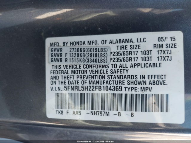 Honda ODYSSEY LX 2015 5FNRL5H22FB104369 Image 9