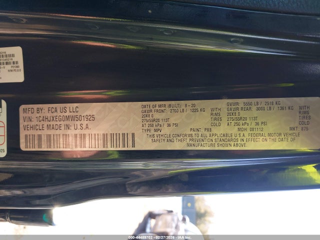Продаж на аукціоні авто 2021 Jeep Wrangler Unlimited High Altitude 4x4, vin: 1C4HJXEG0MW501925, номер лоту: 44489702