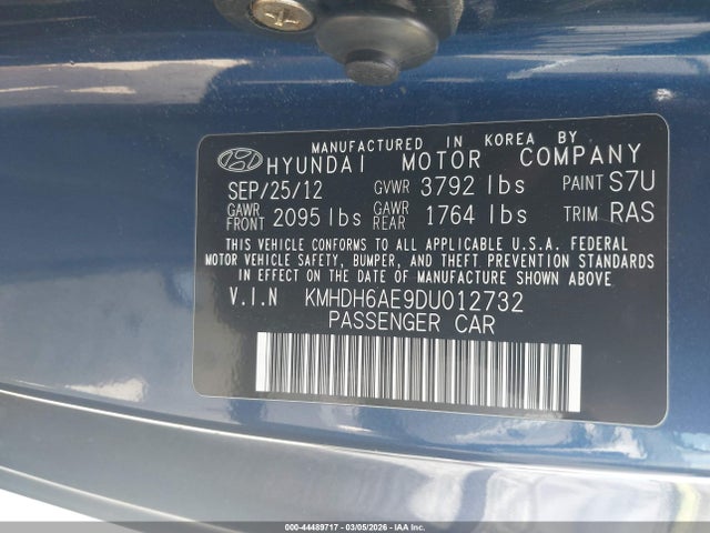 44489717 :رقم المزاد ، KMHDH6AE9DU012732 vin ، 2013 Hyundai Elantra Gs مزاد بيع