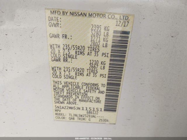 5N1AZ2MH5JN115151 Nissan Murano Platinum