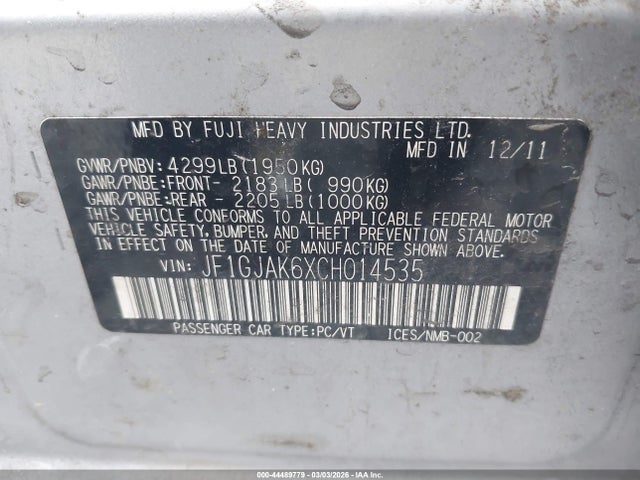 Aukcja sprzedaży 2012 Subaru Impreza 2.0i Limited, vin: JF1GJAK6XCH014535, numer aukcji: 44489779