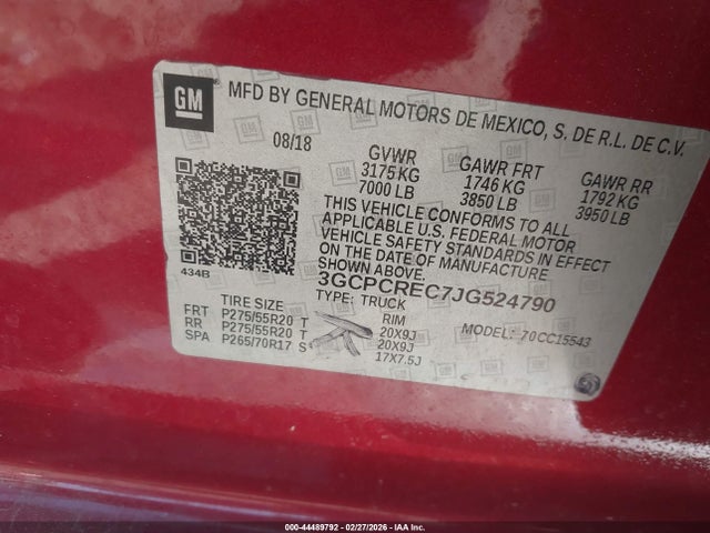 44489792 :رقم المزاد ، 3GCPCREC7JG524790 vin ، 2018 Chevrolet Silverado 1500 1lt مزاد بيع