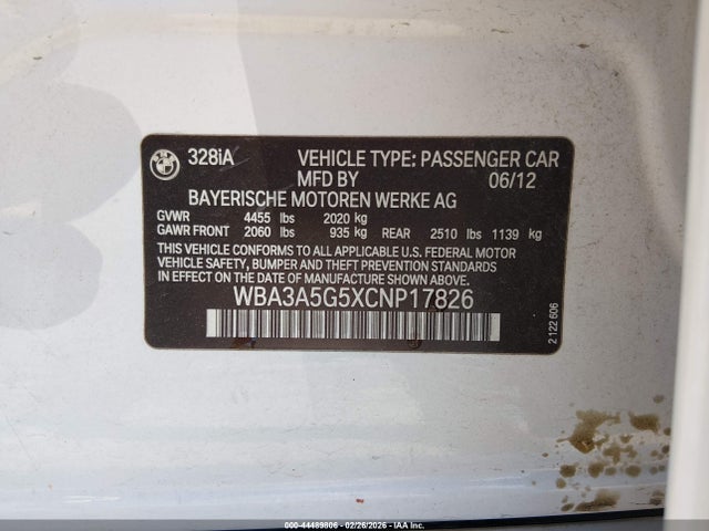 44489806 :رقم المزاد ، WBA3A5G5XCNP17826 vin ، 2012 Bmw 328i مزاد بيع