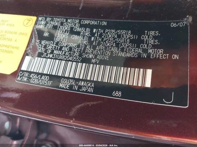 44489814 :رقم المزاد ، JTJHK31UX82040552 vin ، 2008 Lexus Rx 350 مزاد بيع