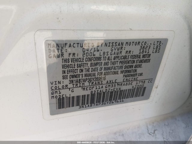 3N1AB7AP3GY269616 Nissan SENTRA SV