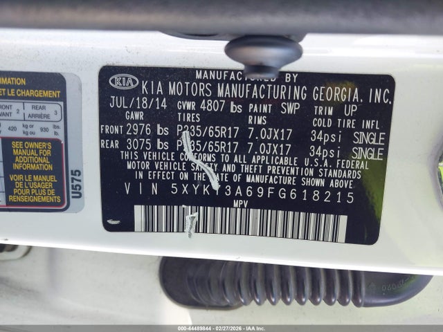 5XYKT3A69FG618215 KIA SORENTO LX