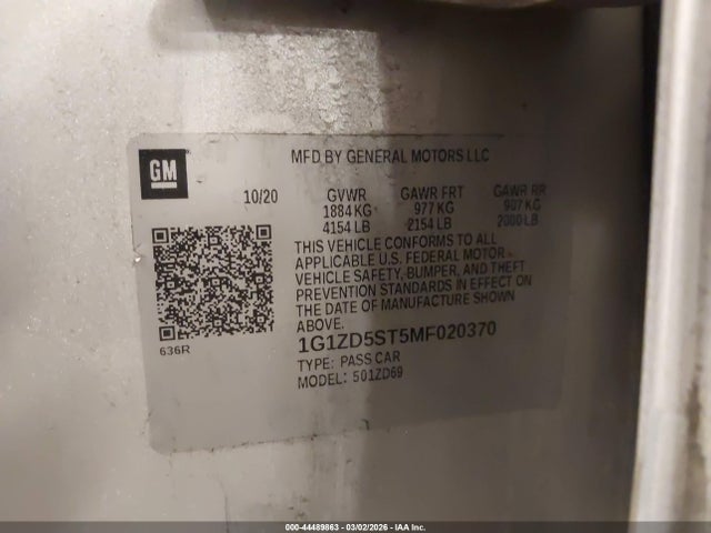 44489863 :رقم المزاد ، 1G1ZD5ST5MF020370 vin ، 2021 Chevrolet Malibu Fwd Lt مزاد بيع