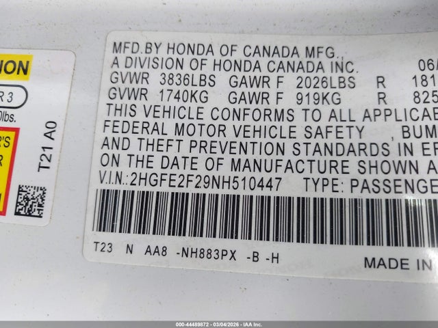 2022 HONDA CIVIC 2HGFE2F29NH510447 Photo 8