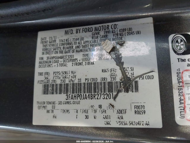 2011 FORD FUSION 3FAHP0JA4BR273201 Photo 8
