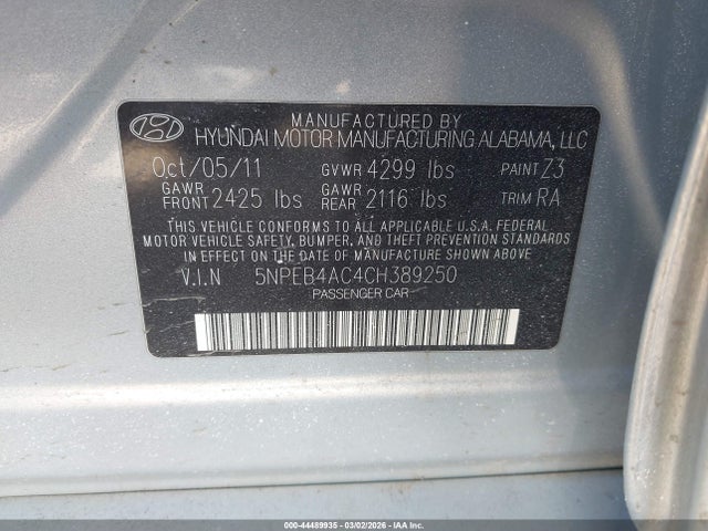 Aukcja sprzedaży 2012 Hyundai Sonata Gls, vin: 5NPEB4AC4CH389250, numer aukcji: 44489935