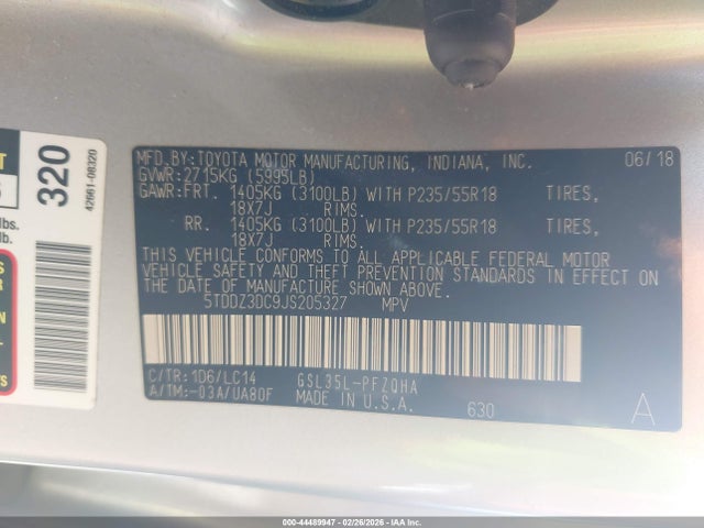 5TDDZ3DC9JS205327 Toyota Sienna Xle 7 Passenger