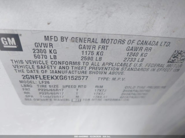 44489960 :رقم المزاد ، 2GNFLEEKXG6152577 vin ، 2016 Chevrolet Equinox Ls مزاد بيع