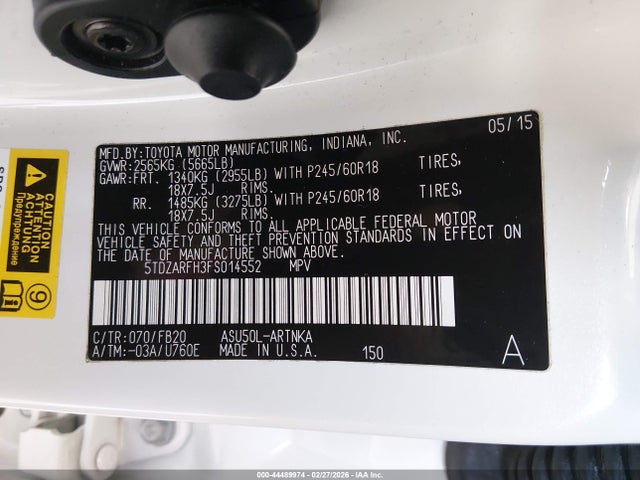 5TDZARFH3FS014552 Toyota Highlander Le
