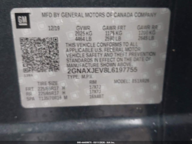 Продаж на аукціоні авто 2020 Chevrolet Equinox Fwd 2fl, vin: 2GNAXJEV8L6197755, номер лоту: 44489975