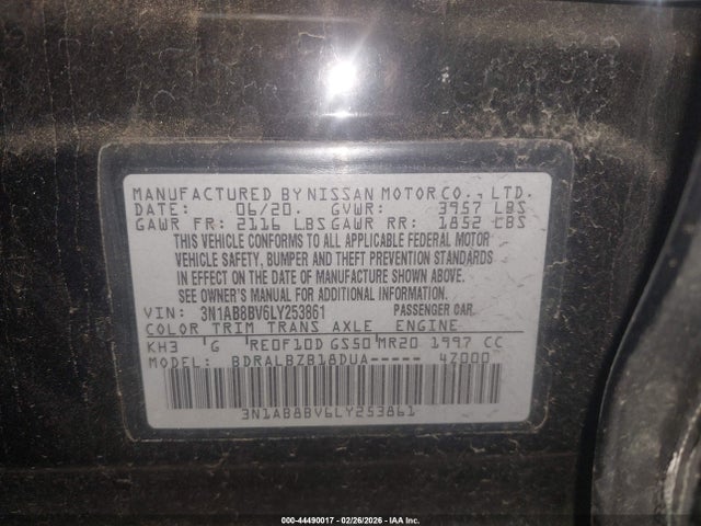 3N1AB8BV6LY253861 Nissan Sentra S Xtronic Cvt