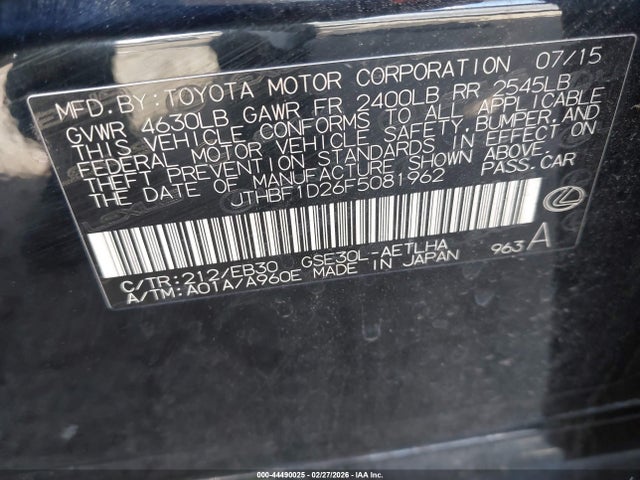 44490025 :رقم المزاد ، JTHBF1D26F5081962 vin ، 2015 Lexus Is 250 مزاد بيع