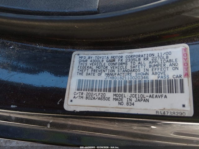 44490085 :رقم المزاد ، JTHBD182110020346 vin ، 2001 Lexus Is 300 مزاد بيع