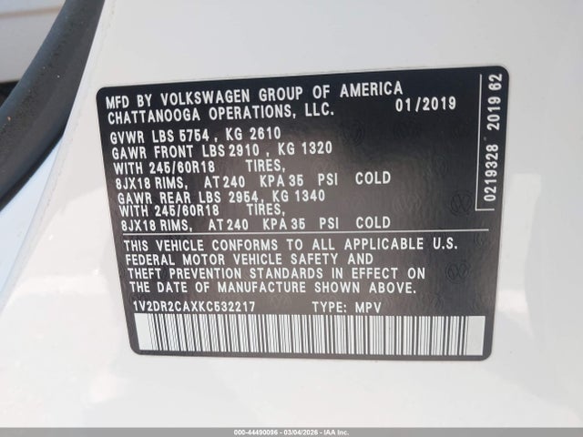 2019 Volkswagen Atlas 3.6l V6 Se მანქანა იყიდება აუქციონზე, vin: 1V2DR2CAXKC532217, აუქციონის ნომერი: 44490096