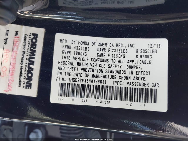 1HGCR2F58HA126681 Honda Accord Sport