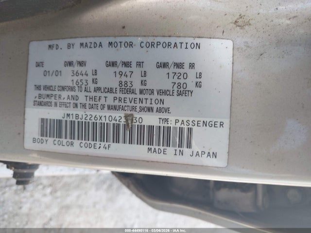 Aukcja sprzedaży 2001 Mazda Protege Es/lx, vin: JM1BJ226X10423530, numer aukcji: 44490116