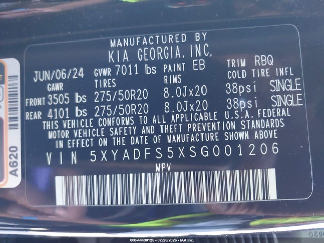 44490125 :رقم المزاد ، 5XYADFS5XSG001206 vin ، 2025 Kia Ev9 Land مزاد بيع