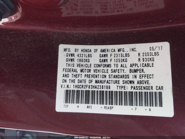 1HGCR2F83HA238198 Honda Accord Ex-l
